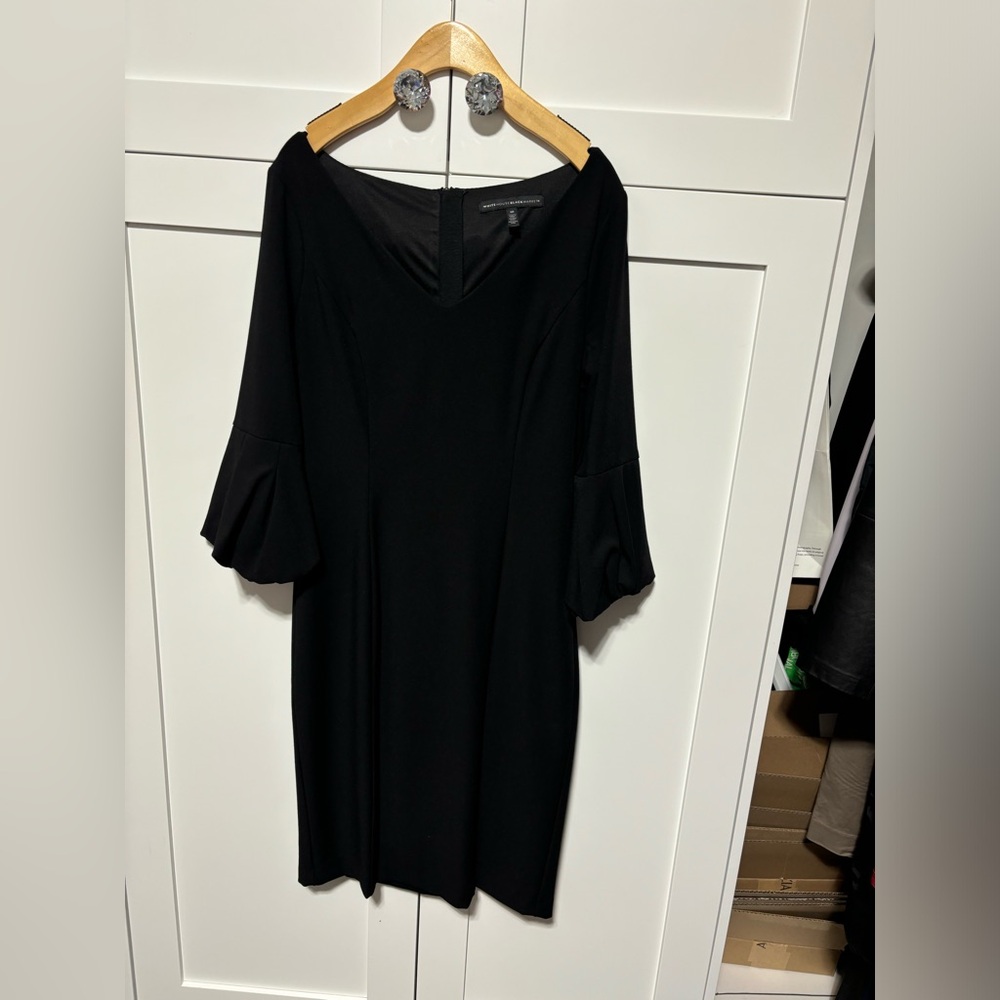 White House Black Market V neck sheath stretch puff sleeve black dress- size 10